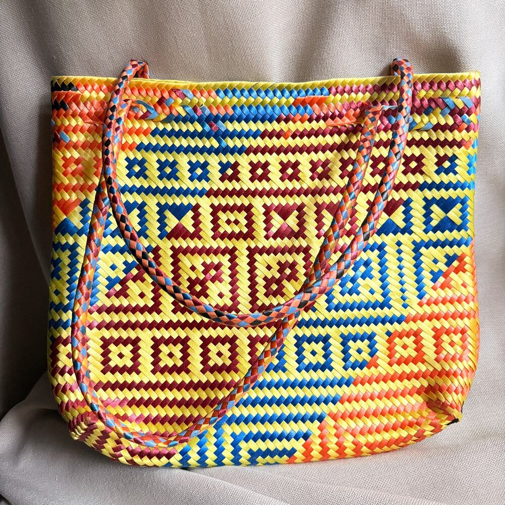 Handwoven Mexican Reed Tote Bag, Colorful Geometric Pattern